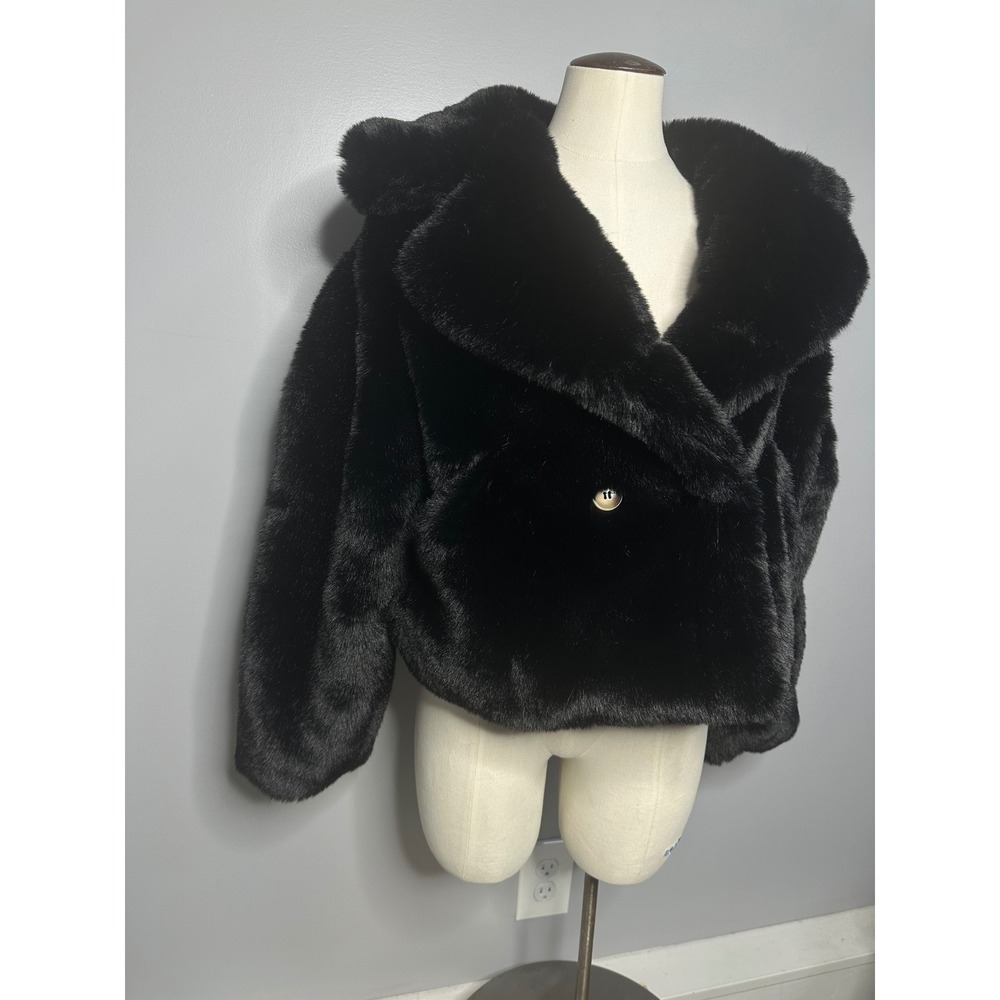Noize Loretta Black Faux Fur Cropped Jacket Double Breasted Coat Vegan XS TP